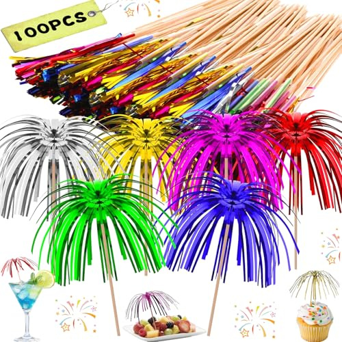 sus 100 Pezzi Stecchini da Cocktail, a Fuoco d'artificio Bastone da Cocktail di fuochi d'artificio, Cocktail Decorativi per Cake Topper Forma di Albero di Cocco Cibo Pick Decorazione del Partito