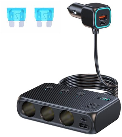 9 in 1 USB C Auto Ladegerät KFZ Zigarettenanzünder Verteiler, 171W mit 3 Fach 12V/24V Stecker Ladekabel Splitter mit 4 USB+Dual PD Ports, mit Getrennte Schalter LED Stromspannung Anzeige