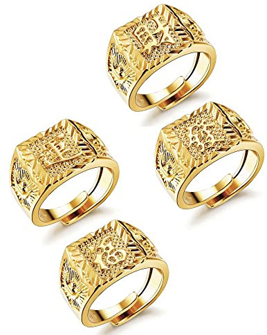 JeryWe 4pcs Edelstahl Ringe Set Herren Vergoldet Reich/Glück/Reichtum Band Siegelring Bandring Offener Daumen Fingerring Hochzeitsring