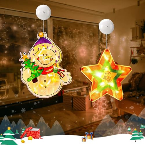 2 Stück Fenster Weihnachtsbeleuchtung Edel, Fensterlicht Weihnachten Batterie Bunt LED, Leuchtstern Fenster Saugnapf 3D, Weihnachtsdeko Amerikanisch Beleuchtet Aufhängen Warmweiß (Schneemann/Stern)