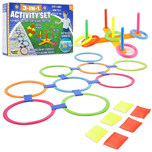 Outdoor Games for Kids and Adults 6 in 1 or 3 in 1, PE Sports Day Sack Race Flying Disc Tug of War Throwing Bean Bags Tin Can Alley Egg and Spoon Race Ring Toss (3 in 1)