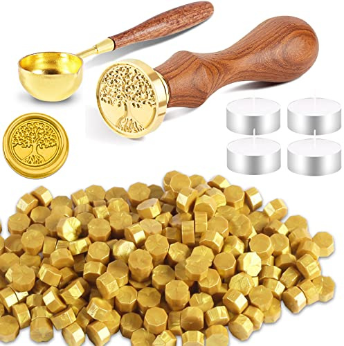 Foonii Juego de 200 cuentas de cera para sellar con 1 sello, 1 cuchara de fundición, 4 velas de té, juego de perlas de lacre para sobres, invitaciones, tarjetas, regalo (árbol de la vida, dorado)