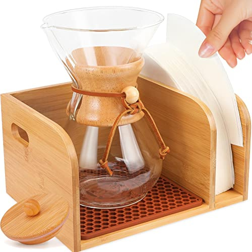 Bambu Caddy för Chemex kaffebryggare – med lock och värmebeständig grytunderlägg designad för Chemex Pour-Over glas kaffebryggare (3/5/6/8/10 kopp), för Bodum hälla över kaffebryggare (4/8 kopp)