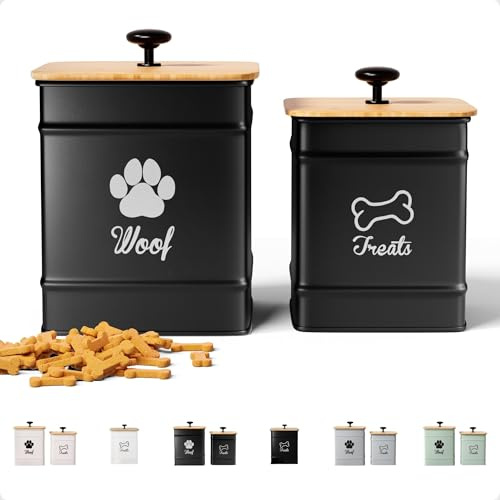 Dog Treat Container Airtight Set of 2 - 8x6 & 7x5 inch Iron Dog Treat Jars for Kitchen Counter with Airtight Bamboo Lids - 20 Cup Capacity Pet Treat Container Set - Doggie Cookie Jar - Treats Canister