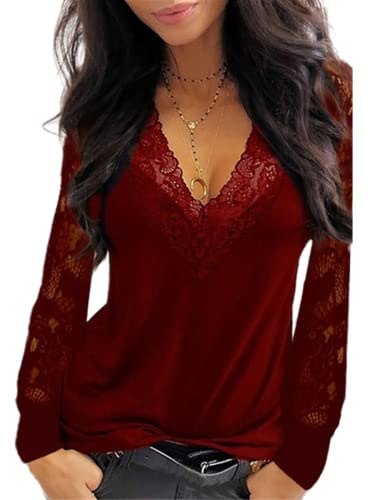 Mujer Tops Encaje Manga Larga Cuello en V Encaje Encaje Túnica Blusas Elegante Encaje Malla Blusa Semitransparente Casual Cuello de Pico Holgada Color Sólido Camisa Encaje Camisetas S-5XL, E-rojo., S