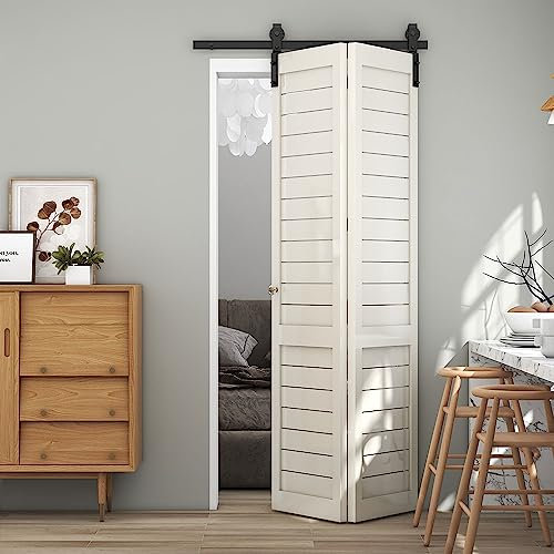 TSMST 76.3cm/2.5ft Kit de quincaillerie pour porte de grange coulissante pliante pour 2 portes, ensemble de rails pour porte de grange,(Porte Non Incluse)