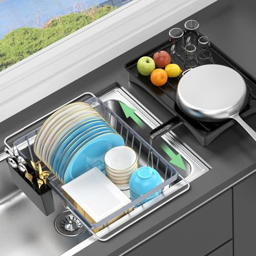 LEMIKKLE Dish Drying Rack - Space Saving Dish Rack, Expandable Dish Drainers for Kitchen Counter with a Cutlery Holder, Over the Sink Dish Racks Fit for 14’’-19’’ Kitchen Sink Grey