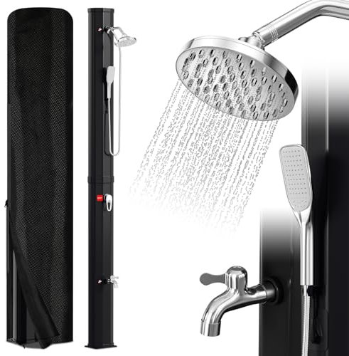 Vkechh 40L Solardusche | Einstellbar Regenduschkopf | Wasserhahn | handbrause | Max. 60℃ | Ohne Stromanschluss | Mit Schutzhaube-Ablassschraube | Schwarz