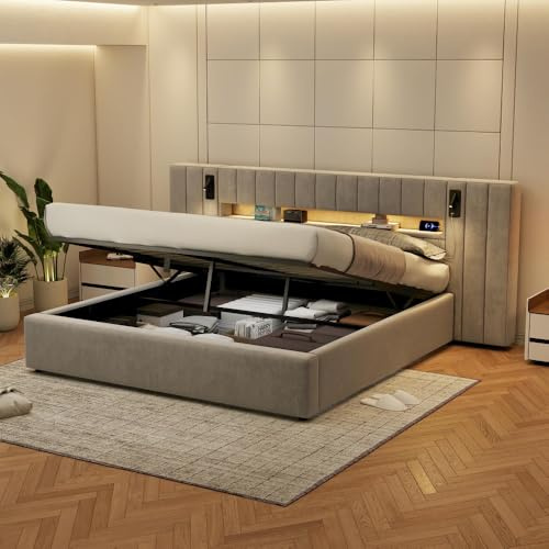 Wyibwy letto contenitore matrimoniale 180 x 200 cm con connessione USB, letto imbottito con illuminazione LED, con lampada da comodino, con vano contenitore, senza materasso, velluto, grigio