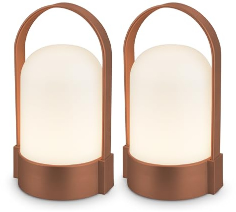 BRILONER - Set di 2 lampade da tavolo LED senza fili IP44 con touch, dimmerabili a livelli, lampada da scrivania senza fili, lampada ricaricabile, comodino, per esterni, 8,5x8x15,5 cm, marrone