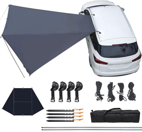 Toldo universal para coche, resistente al agua, toldo para camping, para coches, furgonetas y autobuses de camping, montaje de refuerzo o ventosa, gris Awning, 380 x 280 cm