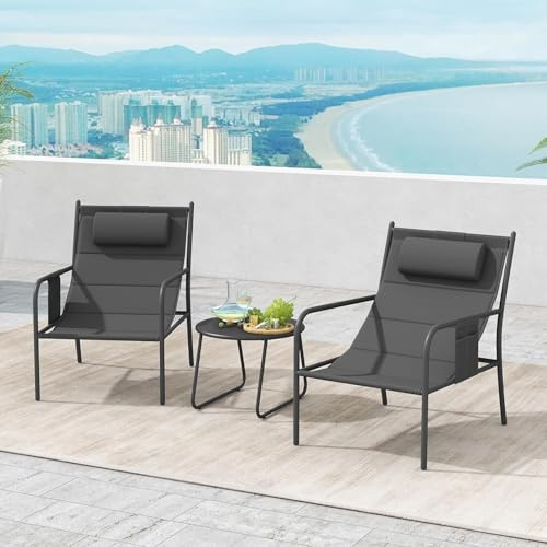 GOPLUS 3Pcs Salon de Jardin Exterieur 2 Personnes, Table avec Chaises d'Extérieur avec Porche, Siège Rembourré, Coussin de Tête, Cadre Métallique, pour Jardin, Balcon, Terrasse, Porche