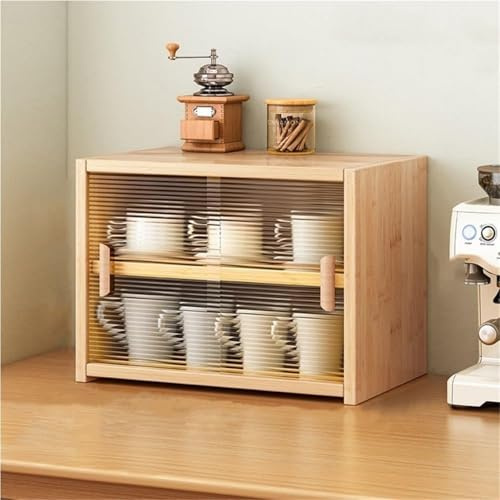 DUY Armario de almacenamiento de bambú con puertas acrílicas, organizador de cocina a prueba de polvo de 2 niveles, armario de mesa para platos, tazas, utensilios, cafetería y despensa (naturaleza, 55