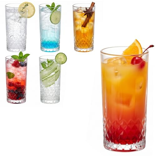 OCEANO Set 6 Bicchieri in Vetro Trasparente 330ml Bicchieri Highball Tumbler Alti per Cocktail Acqua Succhi Bevande Design Elegante Intaglio Diamantato Ideali per Casa Bar Ristorazione Mixology
