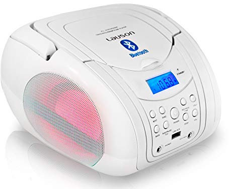 Lauson CP451, Radio Boombox FM/AM, CD Portátil, con USB, Lector de tarjetas SD, Led Blanco