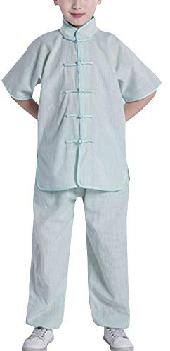 Mengmiao Kinder Unisex Kurze Ärmel Oberteile und Hosen Kampfsport Anzug Kung Fu 2-Teiliges Set Erbsen-Grün 130