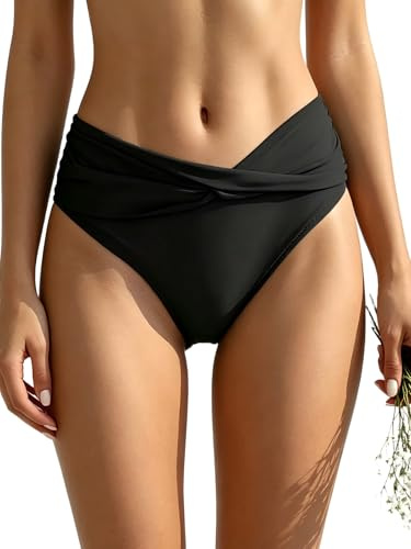 SHEKINI Maillot de Bain Femme Mid-Waisted Bas de Bikini Triangle Classique Bas de Maillot de Bain Devant Plissé Ruched Moderate Coverage Maillot de Bain（M，Noir）
