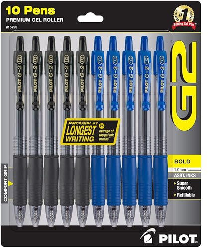 PILOT G2 Premium Gel Pens, Black Pens, Bold Point 1.0 mm, Refillable & Retractable Ballpoint Pens, 5 Black & 5 Blue, Pack of 10