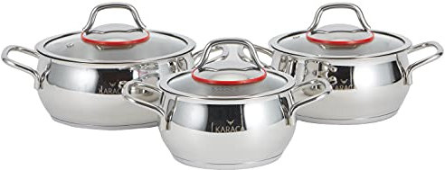 Karaca Emirgan - Set di 6 pentole in acciaio inox a induzione, lavabili in lavastoviglie, con coperchio, 14 cm (1,2 l), pentola con coperchio 16 cm (1,6 l), pentola con coperchio 18 cm (2,5 l),