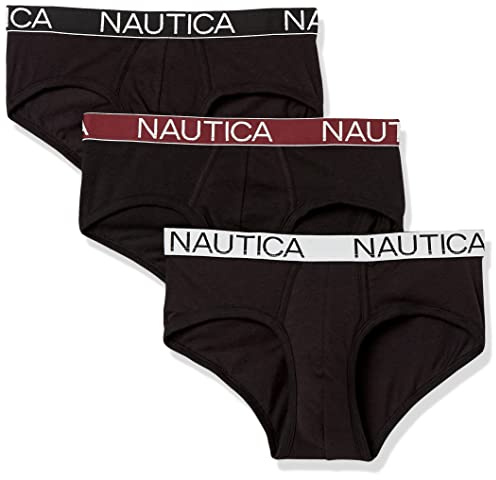 Nautica Men's 3 Pack Cotton Stretch Briefs, Peacoat/Charcoal/Sail Print-Black White, S