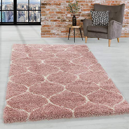 HomebyHome Shaggy Teppich Wohnzimmer 140 x 200 cm - Hochflor Teppich Skandi Design Rosa Extra Weich und Flauschig - Bettvorleger Teppich für Schlafzimmer, Küchenläufer - Carpet, Halı, Kilim