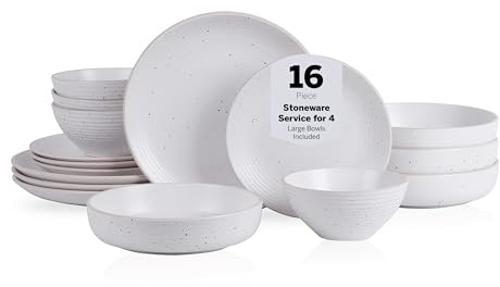 Stone Lain Lauren Stoneware, Rustic Plates and Bowls Set, Dinnerware, Service for 4, Speckled Off White, Dishwasher & Microwave Safe, 16-Piece