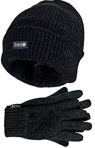 THMO - Damen Thinsulate Fleecefutter Mütze Handschuhe Set für Extreme Kälte (Einheitsgröße, Schwarz)