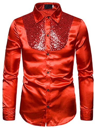 Camisa Fiesta de Hombre Brillo Esmoquin Manga Larga Blusa Brillante de Lentejuelas Con Cuello Solapa Ajustada Shirt Delgado Para Club Noche Bar Ceremonia (Rojo, L)