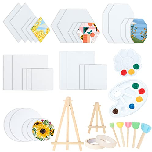 30 Packs Canvases for Painting with Palettes Mini Easels Sponges, Painting Canvas Panels Bulk for Oil Watercolor Hexagon Round Rectangle 8x10 Small Blank Canvas Boards Kids Adult Canvas Wall Art Craft