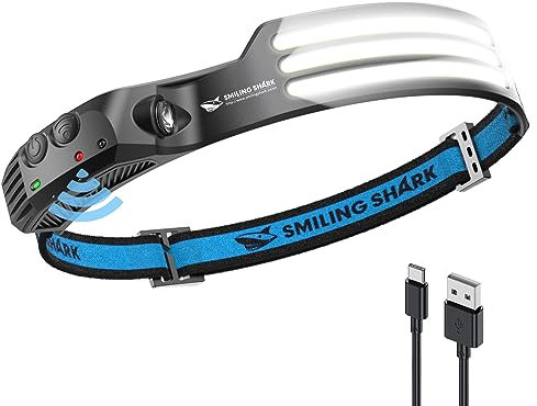 Smiling Shark Stirnlampe, 230°Wide Angle 3*LED Weiß Licht Streifen die Hellste Headlight Wiederaufladbar mit Wasserdichte Kopflampe Camping Joggen Angeln, Stirnlampe-LED-Headlight-Camping-Kopflampe