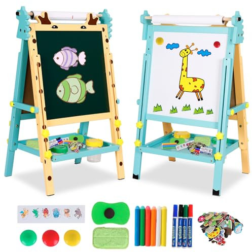 Kinder Spiel Tafel aus Holz|schreibtafel kinder,Kinder Kreidetafel Holzkreidetafel Doppelseitige Kreidetafel und Whiteboard,Höhenverstellbar mit Papierrolle,Zahlen und Anderem Zubehör für Kleinkinder