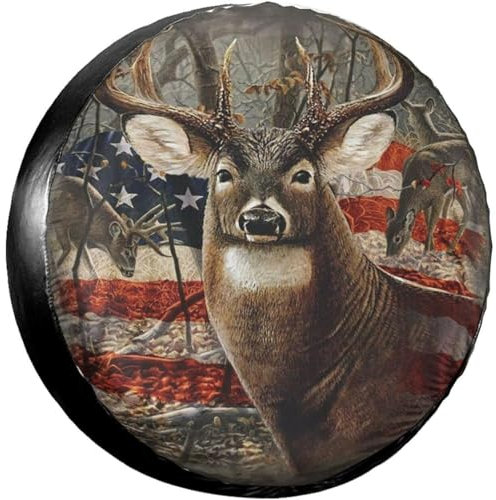 385 Funda De Rueda De Repuesto Bandera Americana Ciervo Camo Marrón Ciervo Caza Funda Rueda Repuesto Personalizada Cubierta De Rueda, para Vehiculos, SUV, 17in