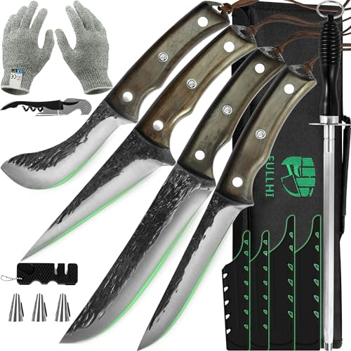 FULLHI Butcher Knife Set, 11pcs Hand Forged butcher knife Boning Knife With Sheath High Carbon Steel Fish Knife Chef Knife For Kitchen, Camping, BBQ