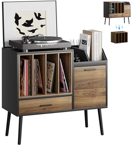 Semiocthome Soporte para tocadiscos con caja de almacenamiento de vinilo anidada, soporte para impresora con cajón, armario, área de almacenamiento de CD, mesa auxiliar vintage con patas de madera