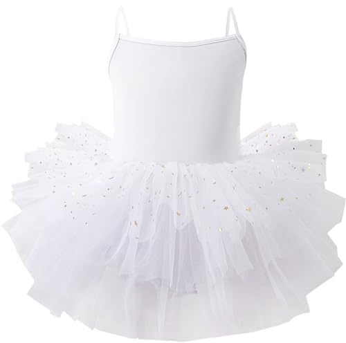 FEOYA Ballet Dress Tutu Dress Gymnastics Ballerina Leotard Sleeveless Spaghetti Strap Dancewear Costume with Sequins Skirt for Girls Children Age 6-8