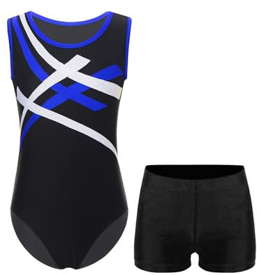 Jhaoyu Kinder Jungen 2 Stück Athletic Outfits Gymanstikanzug Ärmellos Leotard mit shorts Set Turnanzug Gymnastik Wettbewerb Bekleidungsset Blau Schwarz 146-152