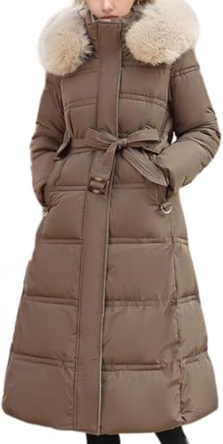 Juankrynord Women's Winter High-Collar Zipper Button Warm Long Down Coat Long Quilted Coat with Detachable Hair Collar Hood Hooded Thickened Long Down Coat