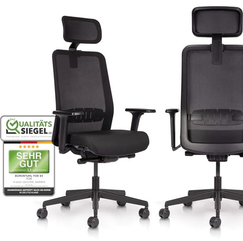 YOS S5 | Ergonomischer Bürostuhl gegen Rückenschmerzen | Netzrücken mit Lordosenstütze | Kopfstütze gegen Nackenschmerzen | Made in Germany | Bürostuhl 150 kg (Modern)