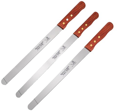 Pasdrucn 3 cuchillos de pan con filo ondulado, cuchillo de panadero, cuchillo de cocina de acero inoxidable de 38,5 cm, afilado con mango de madera, cortador de pan, cuchillo para panecillos, cuchillo