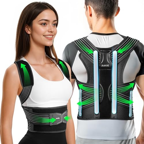 Rakiie Soporte recto para la espalda, cinturón de soporte lumbar, corrector de postura, para mujer y hombre, cinturón de espalda con almohadillas acolchadas y correas bajo las axilas, color gris