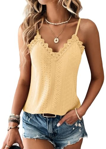 Haibang tanktopp damer cami-topp med spets v-ringad sommartoppar elegant spaghettitopp sexig hållare sommarskjorta lös spets topp ledig ärmlös camisole skjorta, GUL, XXL