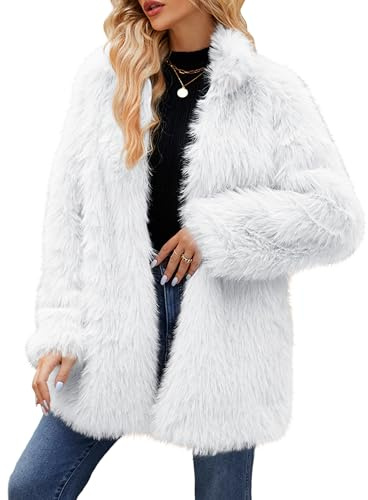 Simplee Women's Faux Fur Coat Furry Winter Jacket Long Sleeve Warm Open Front Fluffy Jackets White S