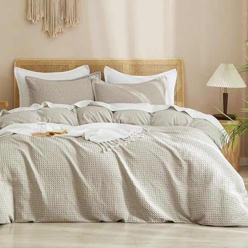 PHF Waffle Weave Duvet Cover Set Double Size, Ultra Soft Luxury Textured Breathable Comforter Cover for All Season 3pcs, Durable Bedding Duvet Set with 2 Pillow Shams, 200x200cm+50x75cm(2), Natural