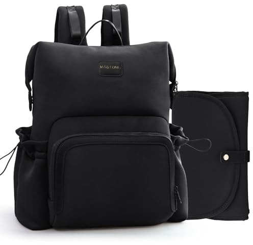 MISS FONG Baby Wickelrucksack Wickeltasche, Wickelrucksack Groß Rucksack Babytaschen Wickeltasche Organizer Neopren Lässig Wickelrucksack mit 12Taschen & Wickelunterlage MamaTasche für Papa,Schwarz