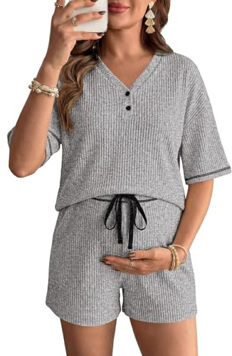 BLENCOT Women's Pregnancy 2 Piece Outfits Pajama Sets V Neck Button Short Sleeve Nursing Shirt and Shorts Summer Lounge Breastfeeding Sets Grey L