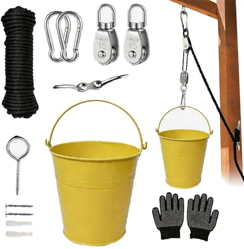 Polipasto con Cubo Metálico, Accesorio para la Torre de Juegos Tipo Casa del árbol, Casita de Juegos para Exterior con Cable y Cubo, Casa del árbol para Jardín (Amarilla)