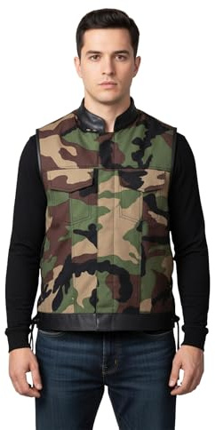 Motorcycle Vest for Men-Military Camouflage Cut Off Biker Vest with Leather Trim-YKK Zippers-Adjustable Laces-2 Chest Pockets (US, Alpha, XX-Large, Regular, Regular, Camouflage)