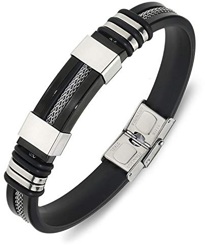 Suyi Bracciale Regolabile da Uomo Bracciale Avvolgente in Silicone Bracciale in Acciaio Inossidabile Black