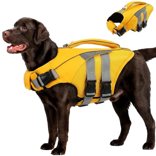 MIGOHI Dog Life Jacket, Reflective Dog Swimming Vest with High Flotation and Rescue Handle, Ripstop Dog Lifesaver for Small Medium Large Dogs, Pet Safety Water Vest for Swimming Boating Surfing