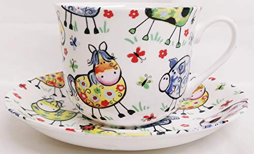 Crazy Farm Animals Breakfast Cup & Saucer Fine Bone China Large Jumbo Colourful Animals Cup & Saucer Hand Decorated in UK